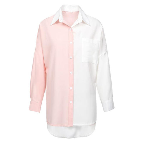 Contrast Patchwork Single-breasted Shoulder-Drop Long Sleeve Shirt